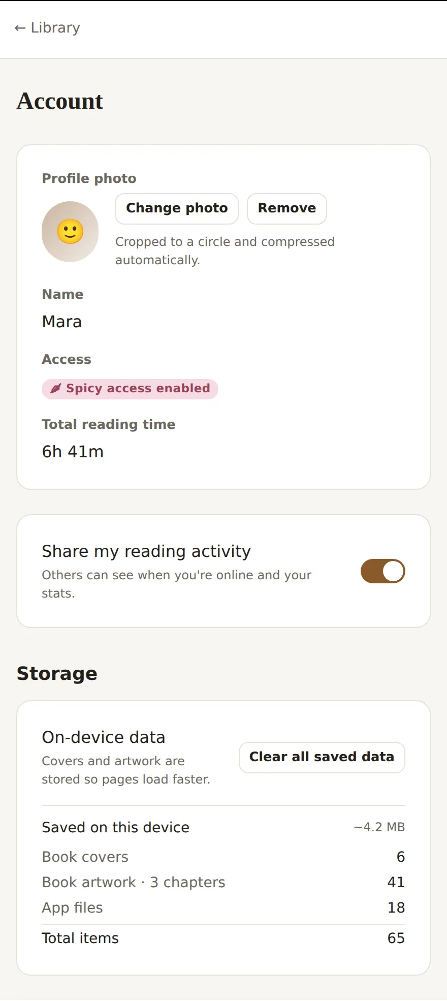 The account and storage panel
