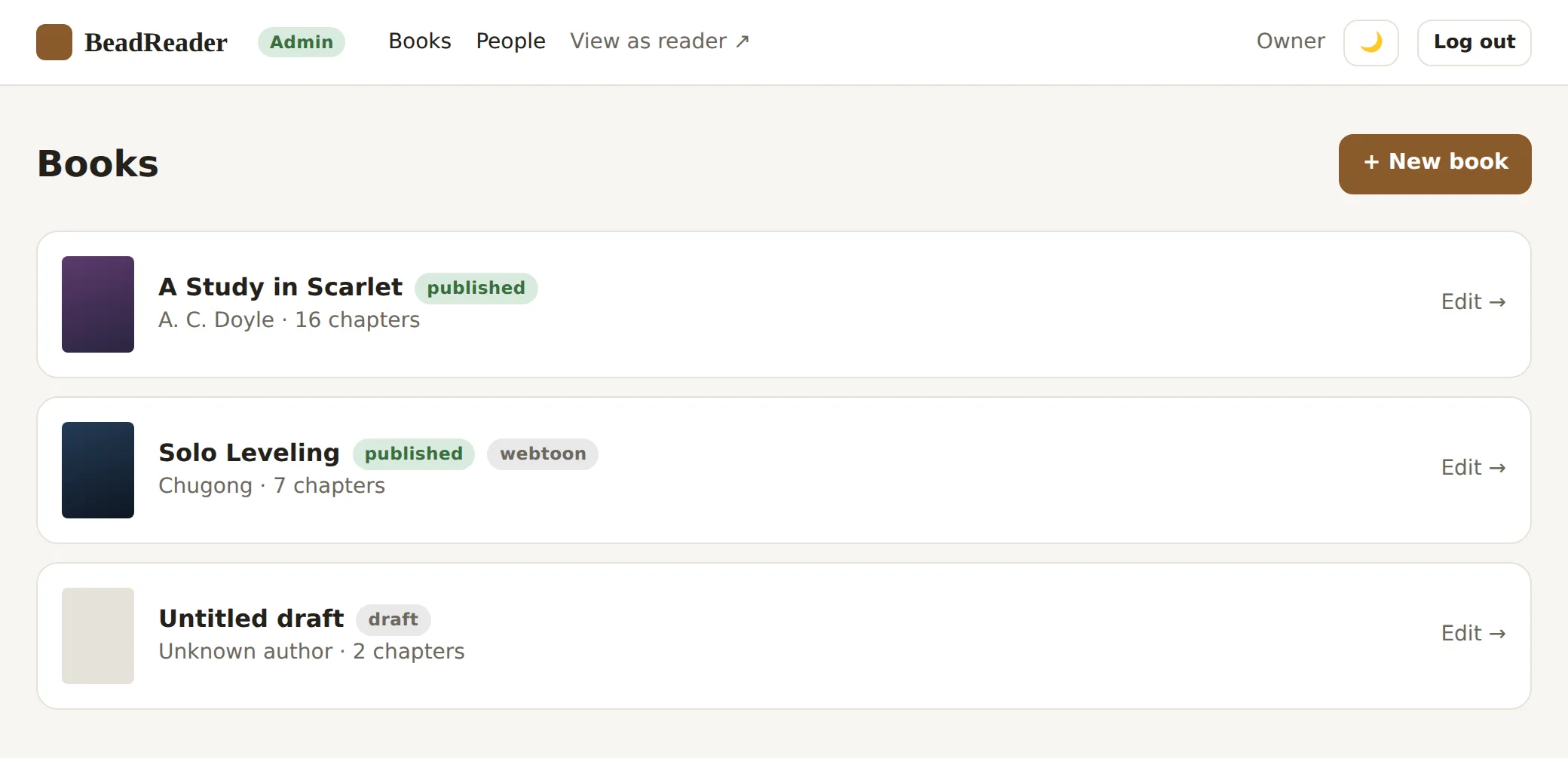 The admin books list
