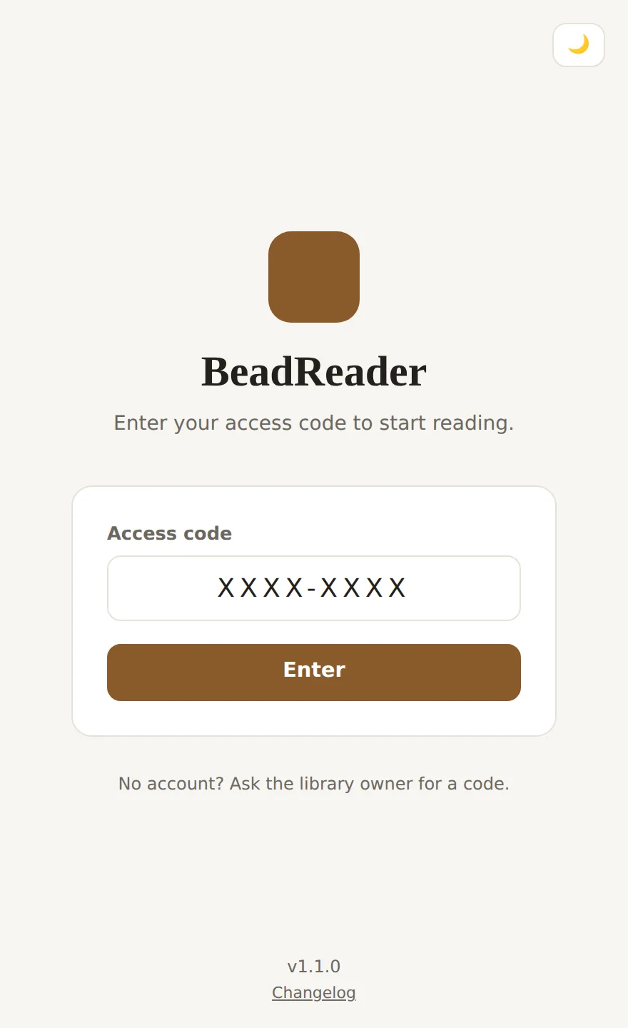The BeadReader login screen