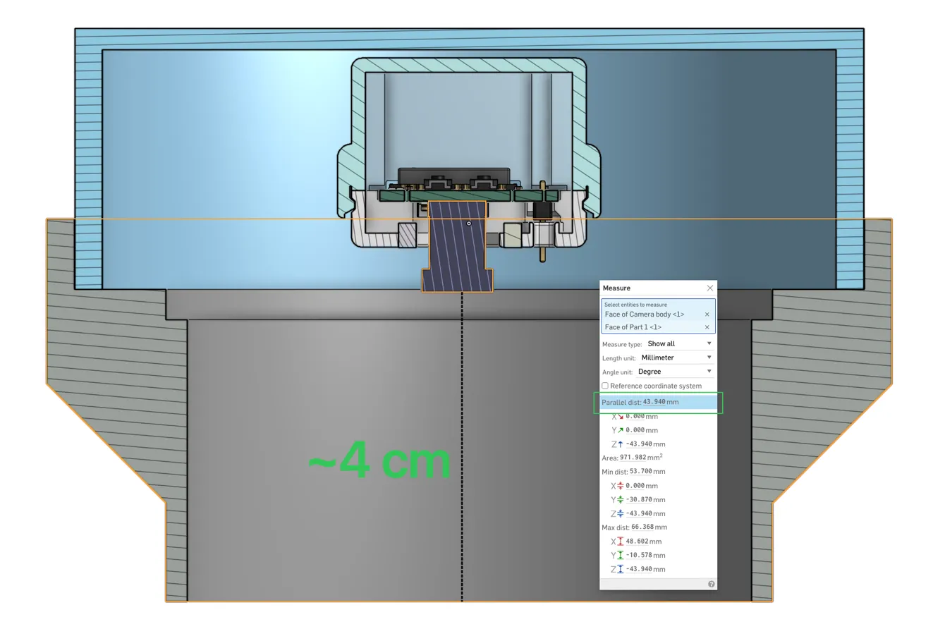 A CAD section through the adapter showing the camera about 4 cm from the meter face