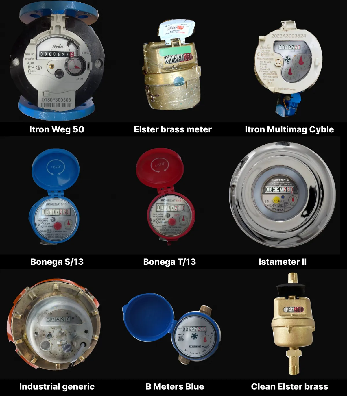 The nine meter designs available in MeterSim: Itron Weg 50, Elster brass, Itron Multimag Cyble, Bonega S/13 and T/13, Istameter II, an industrial generic, B Meters blue and a clean Elster brass