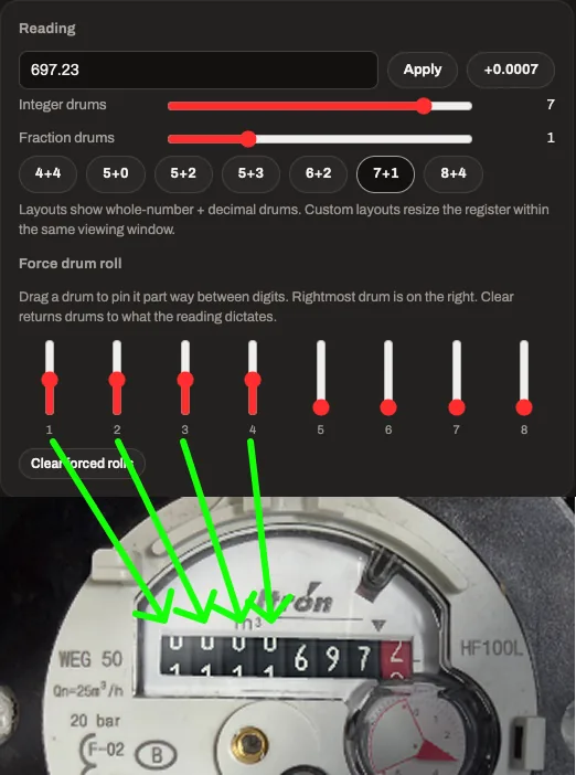 The MeterSim roll control, dragging individual drums part-way between digits